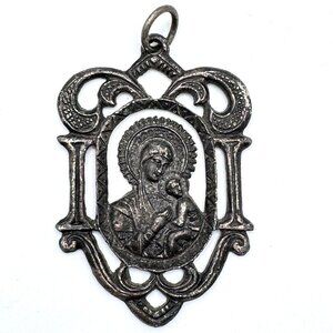 Greek Orthodox Religious Pendant Virgin Mary & Child Jesus Silver-Tone Metal Gre